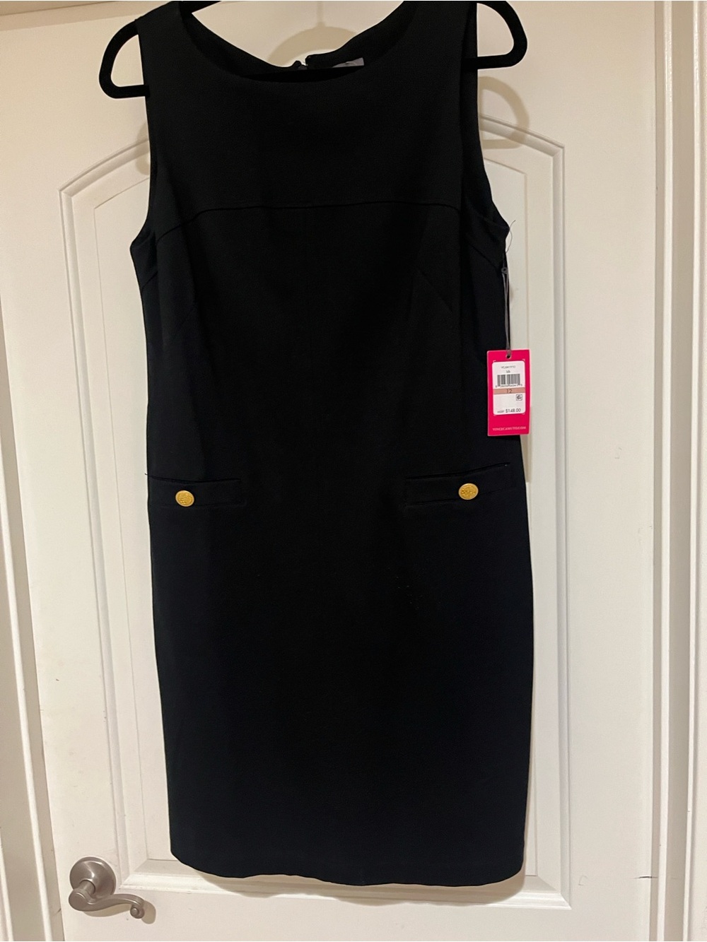 Vince Camuto Sleeveless Black Mini Shift Dress with Gold Button Accents